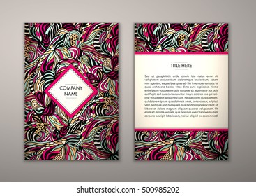 Flyer template with abstract ornament pattern. Vector greeting card design. Front page and back page.