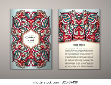 Flyer template with abstract ornament pattern. Vector greeting card design. Front page and back page.