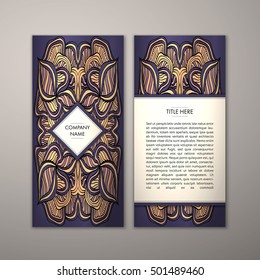 Flyer template with abstract ornament pattern. Vector greeting card design. Front page and back page.
