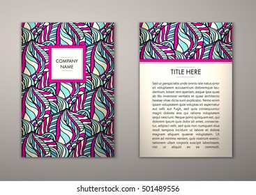 Flyer template with abstract ornament pattern. Vector greeting card design. Front page and back page.