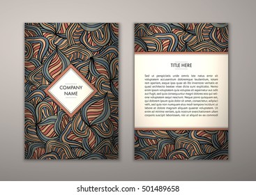 Flyer template with abstract ornament pattern. Vector greeting card design. Front page and back page.