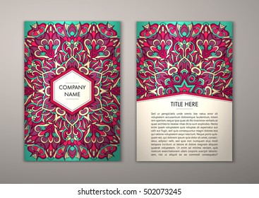 Flyer template with abstract ornament pattern. Vector greeting card design. Front page and back page.