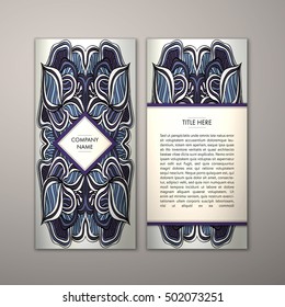 Flyer template with abstract ornament pattern. Vector greeting card design. Front page and back page.
