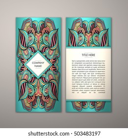 Flyer template with abstract ornament pattern. Vector greeting card design. Front page and back page.