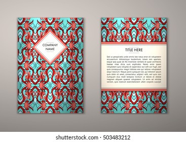 Flyer template with abstract ornament pattern. Vector greeting card design. Front page and back page.