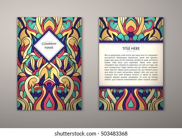 Flyer template with abstract ornament pattern. Vector greeting card design. Front page and back page.
