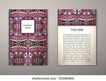 Flyer template with abstract ornament pattern. Vector greeting card design. Front page and back page.