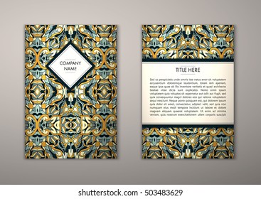 Flyer template with abstract ornament pattern. Vector greeting card design. Front page and back page.