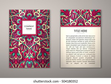 Flyer template with abstract ornament pattern. Vector greeting card design. Front page and back page.