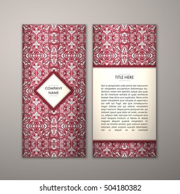 Flyer template with abstract ornament pattern. Vector greeting card design. Front page and back page.