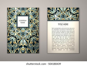 Flyer template with abstract ornament pattern. Vector greeting card design. Front page and back page.