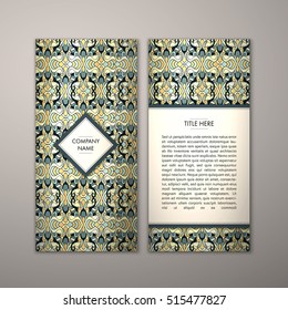 Flyer template with abstract ornament pattern. Vector greeting card design. Front page and back page.