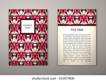 Flyer template with abstract ornament pattern. Vector greeting card design. Front page and back page.