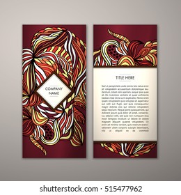 Flyer template with abstract ornament pattern. Vector greeting card design. Front page and back page.