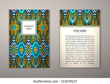 Flyer template with abstract ornament pattern. Vector greeting card design. Front page and back page.