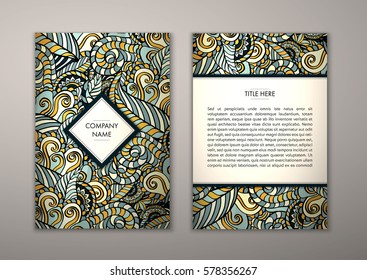 Flyer template with abstract ornament pattern. Vector greeting card design. Front page and back page.