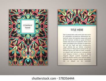 Flyer template with abstract ornament pattern. Vector greeting card design. Front page and back page.
