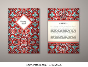 Flyer template with abstract ornament pattern. Vector greeting card design. Front page and back page.