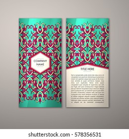 Flyer template with abstract ornament pattern. Vector greeting card design. Front page and back page.