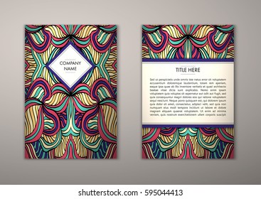 Flyer template with abstract ornament pattern. Vector greeting card design. Front page and back page.