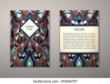 Flyer template with abstract ornament pattern. Vector greeting card design. Front page and back page.