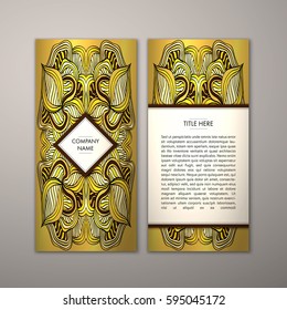 Flyer template with abstract ornament pattern. Vector greeting card design. Front page and back page.