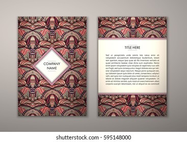 Flyer template with abstract ornament pattern. Vector greeting card design. Front page and back page.