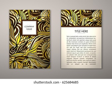 Flyer template with abstract ornament pattern. Vector greeting card design. Front page and back page.