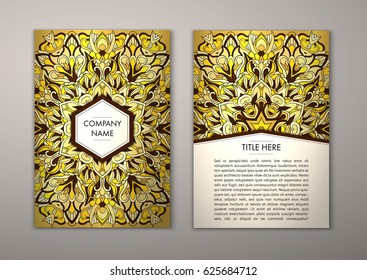 Flyer template with abstract ornament pattern. Vector greeting card design. Front page and back page.