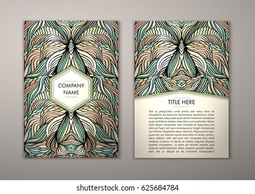 Flyer template with abstract ornament pattern. Vector greeting card design. Front page and back page.