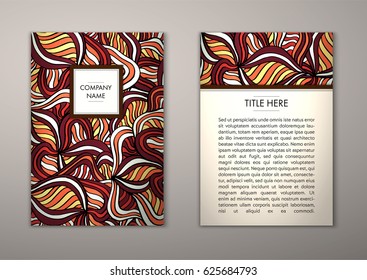 Flyer template with abstract ornament pattern. Vector greeting card design. Front page and back page.