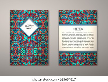 Flyer template with abstract ornament pattern. Vector greeting card design. Front page and back page.