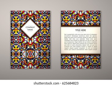 Flyer template with abstract ornament pattern. Vector greeting card design. Front page and back page.