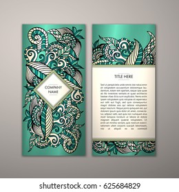 Flyer template with abstract ornament pattern. Vector greeting card design. Front page and back page.