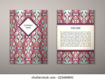 Flyer template with abstract ornament pattern. Vector greeting card design. Front page and back page.