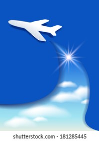 Flyer template with airplane and clouds sky