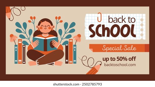 Flyer template for Back to School concept. Cute vector illustration with school girl, who reads, books, flowers, plants, leaves, berries. School banners about sale on stationery store. 50% off