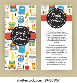 Flyer Template of Back to School and Education Objects and Elements. Flat Style Design Vector Illustration of Brand Identity for Knowledge Science University and College Promotion. Colorful Pattern 