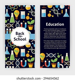 Flyer Template of Back to School Science and Education Objects and Elements. Flat Style Vector Illustration for Chemistry Biology Physics and Research Promotion. Colorful Pattern for Advertising