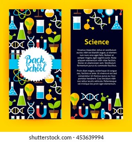 Flyer Template Back to School Science. Flat Style Vector Illustration of Brand Identity for Chemistry Biology Physics Promotion.