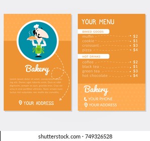 Flyer template for a bakery with cartoon style illustration of an italian baker vector illustration