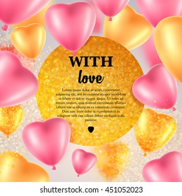 Flyer template with balloons.Banner with flying hearts.Party invitation.Vector romantic card