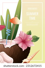 Flyer template with beach coconut cocktail and hibiscus flowers. Tropical vacation, summer vacation. Banner, poster with beach drinks a4 size