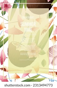 Flyer template with beach coconut cocktail and hibiscus flowers. Tropical vacation, summer vacation. Banner, poster with beach drinks a4 size