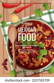 Flyer template with bean soup. Delicious dish with kidney beans, meat, corn, tomatoes and chili peppers.Traditional Mexican food.