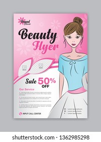 Flyer template with beautiful woman vector for cosmetics, Beauty ads, Magazine ad layout, poster, leaflet, salon, brochure, spa, advertisement, cover design, creative idea, banner, billboard