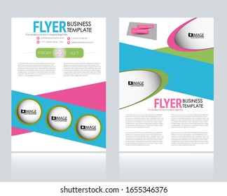 Flyer template. Brochure for business, education, presentation, advertisement. Annual report cover. Blue, green, and pink color. Vector illustration.