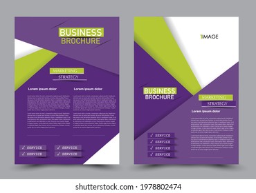 Flyer template. Brochure design for a business, education, advertisement. A4 poster layout Vector illustration. Purple and green color.