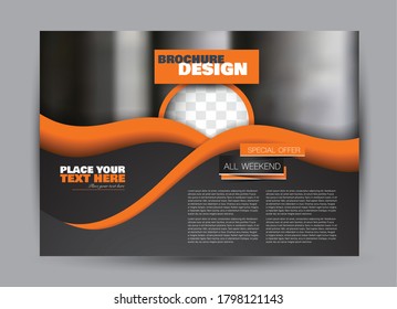 Flyer template. Brochure design. Horizontal a4 banner. Magazine, book, presentation or booklet cover. Education, business, technology, social media background design. Black and orange color.