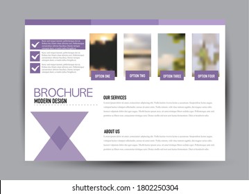 Flyer template. Brochure design. Horizontal a4 banner. Magazine, book, presentation or booklet cover. Education, business, technology, social media background design. Purple color vector illustration.